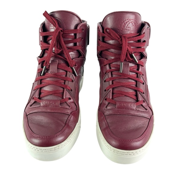 GUCCI 386738 Burgundy Leather High Top Men Sneakers 5 - 5.5US Made in Italy - Picture 1 of 15